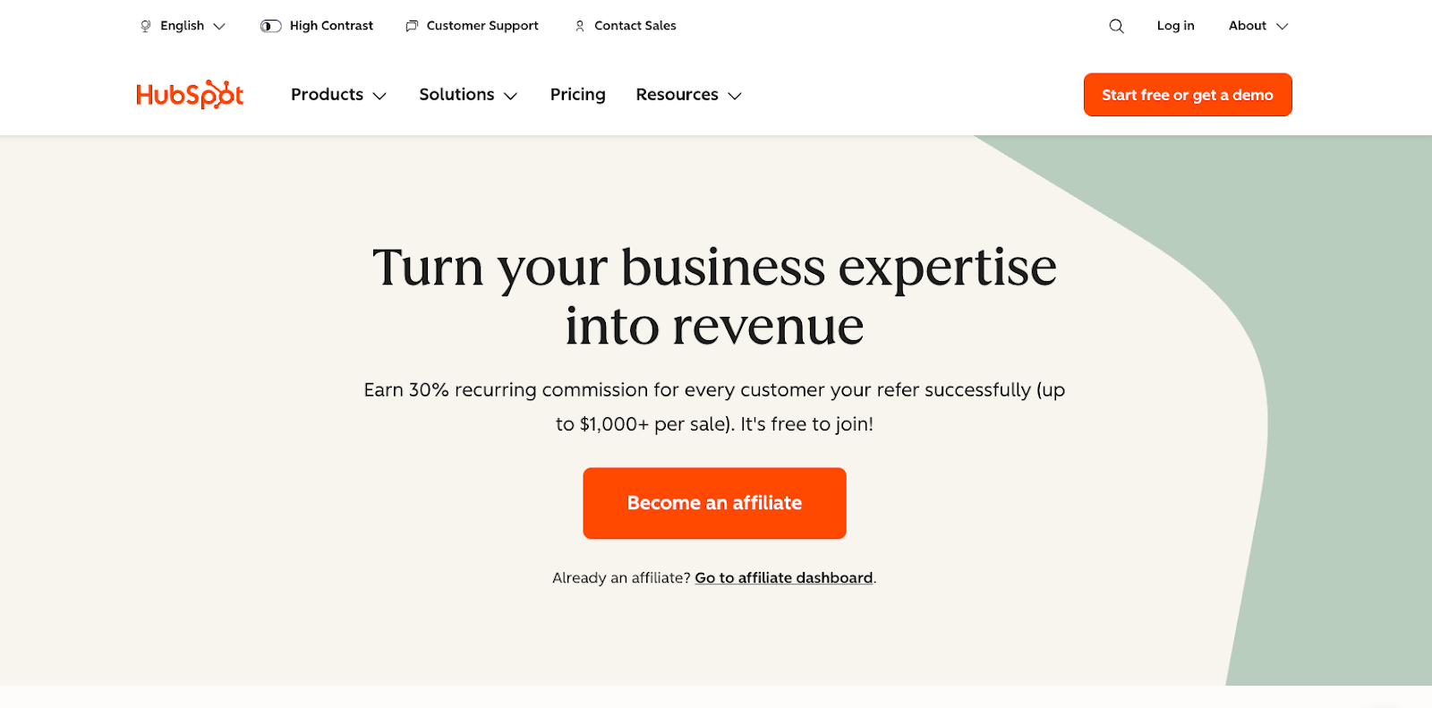 HubSpot website with the words: "Turn your business expertise into revenue"