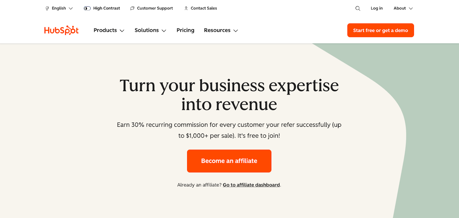 HubSpot website with the words: "Turn your business expertise into revenue"