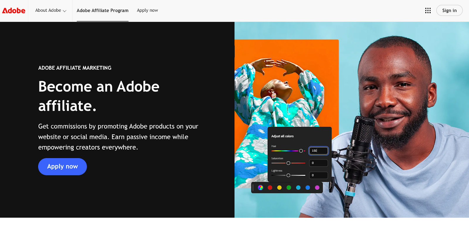 Adobe Affiliate Program website with the words: "Get commissions by promoting Adobe products on your website or social media"