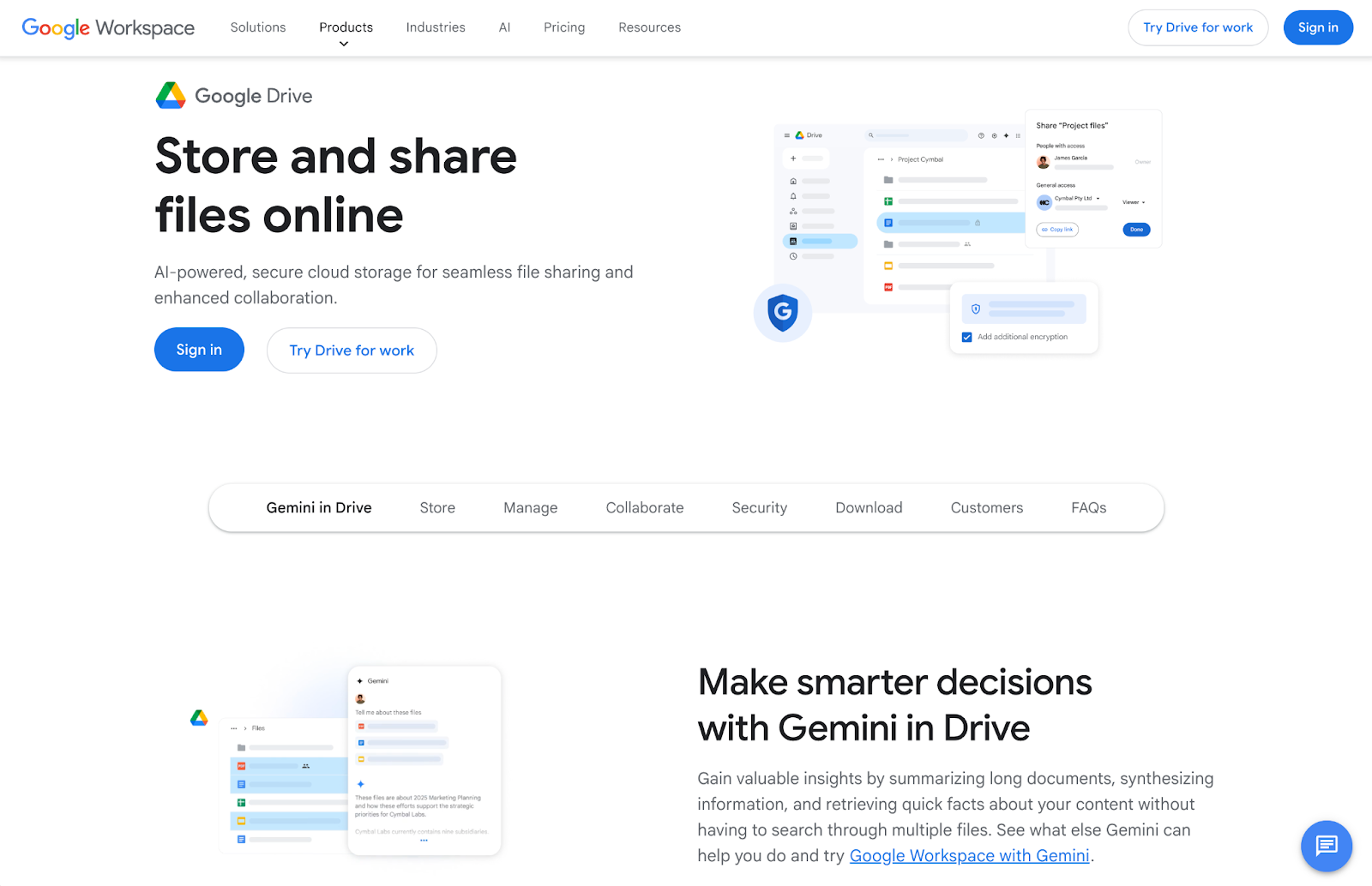 Screenshot of Google Workspace's landing page, showing a headline "Store and share files online"