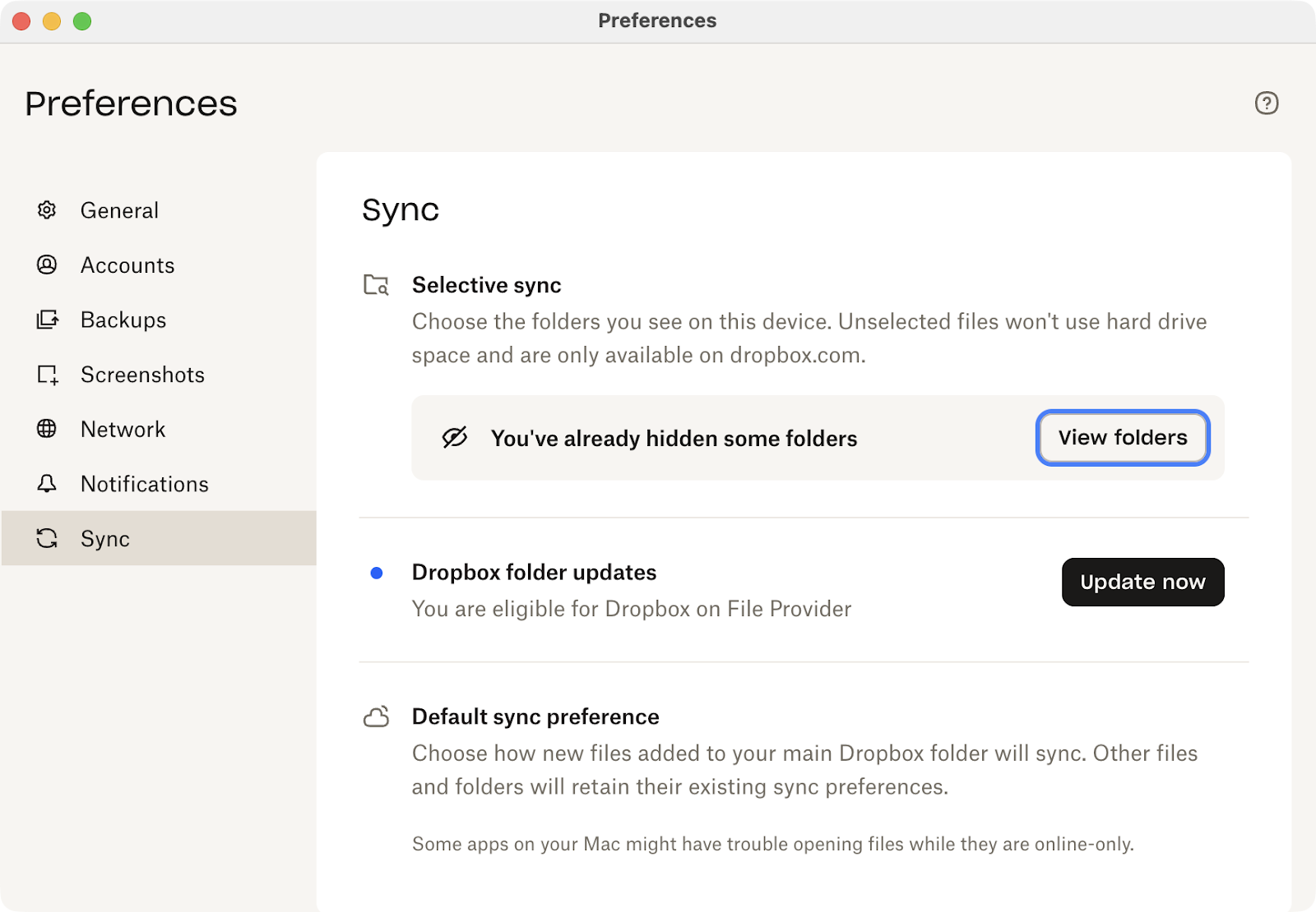 Screenshot of the Dropbox desktop app’s Preferences window with the Sync tab selected