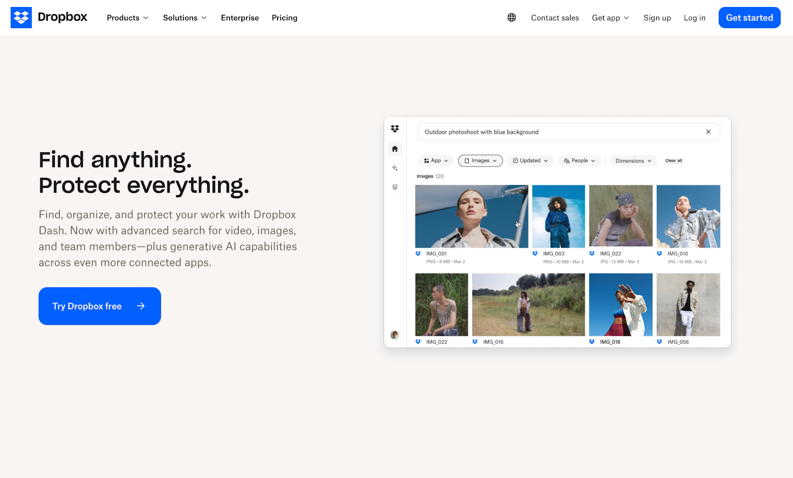 Screenshot of Dropbox's landing page, showing a headline "Find anything