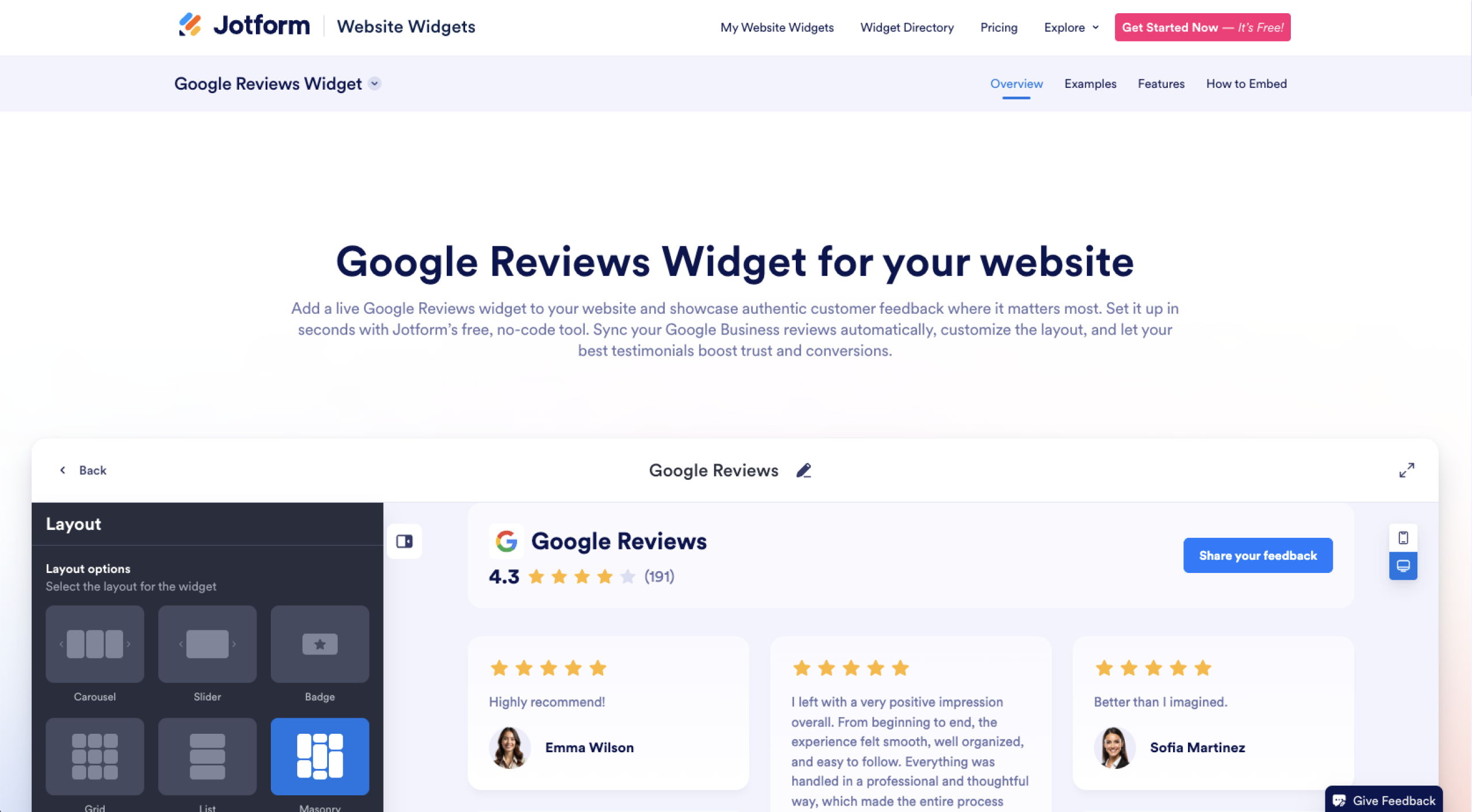 Screenshot shows step one of adding Jotform's Google Review Widget to a WordPress website