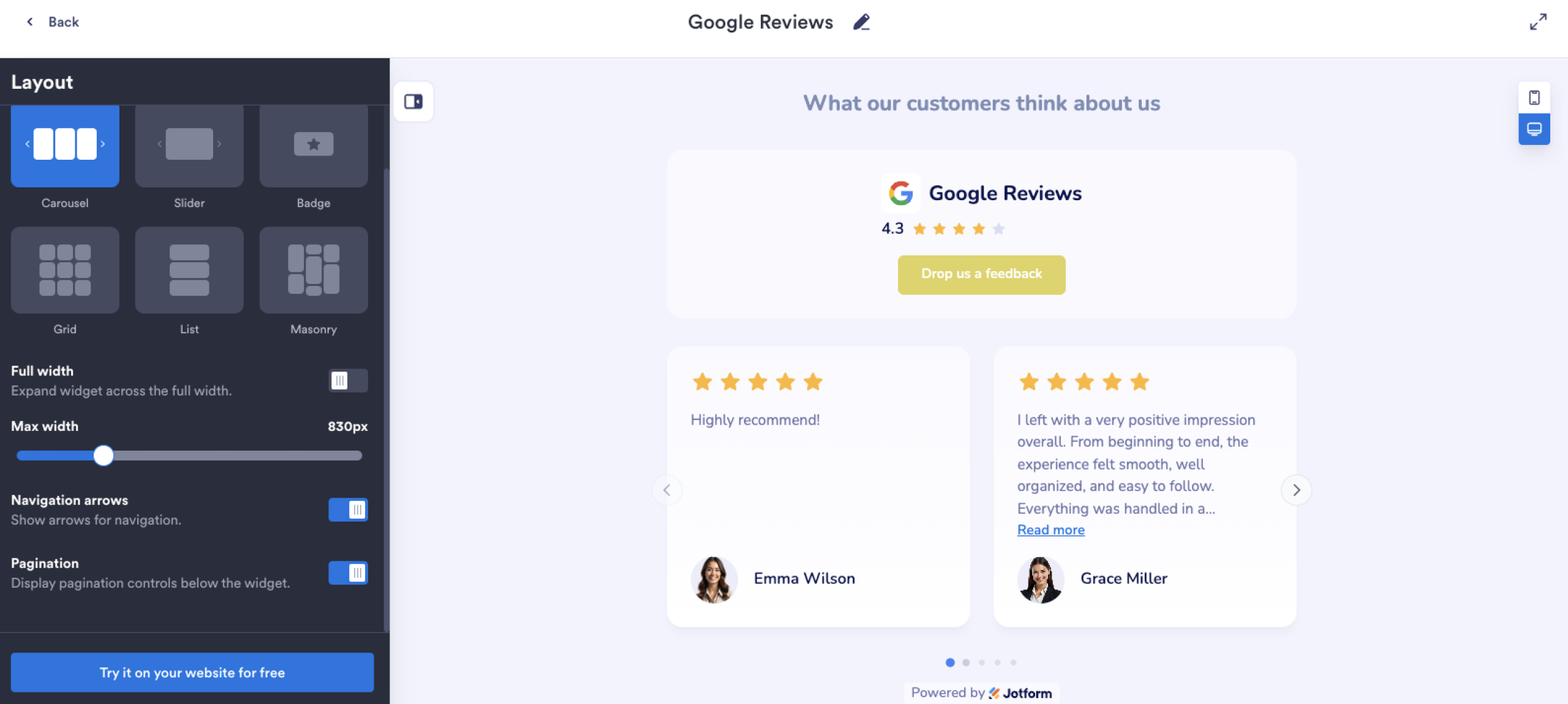 Screenshot shows step two of adding Jotform's Google Review Widget to a WordPress website