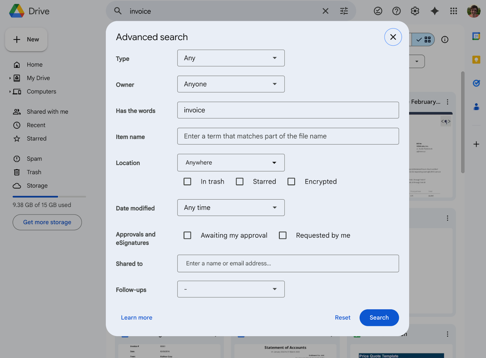 Screenshot of Google Drive’s Advanced search panel open over the Drive interface