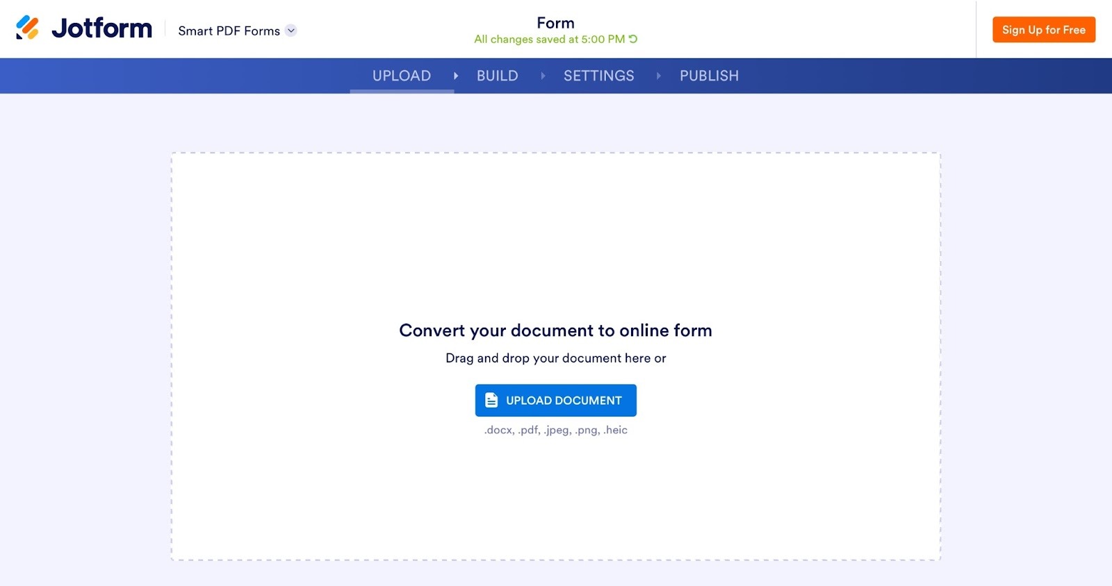 Jotform upload screen with a drag-and-drop area labeled “Upload document