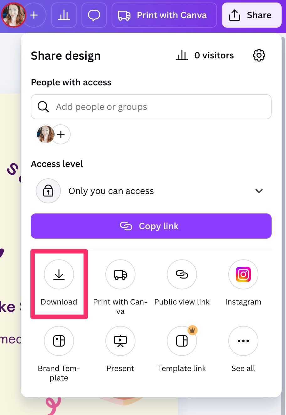 Canva “Share design” panel open with the “Download” option highlighted among sharing options