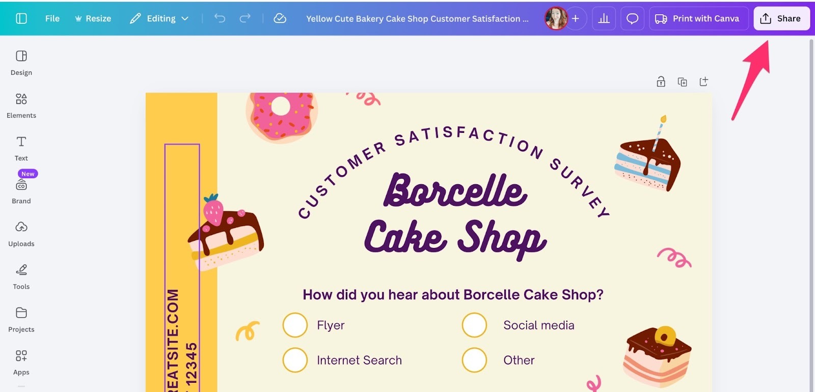 Screenshot of Canva editor with a pink arrow pointing to the “Share” button in the top-right corner