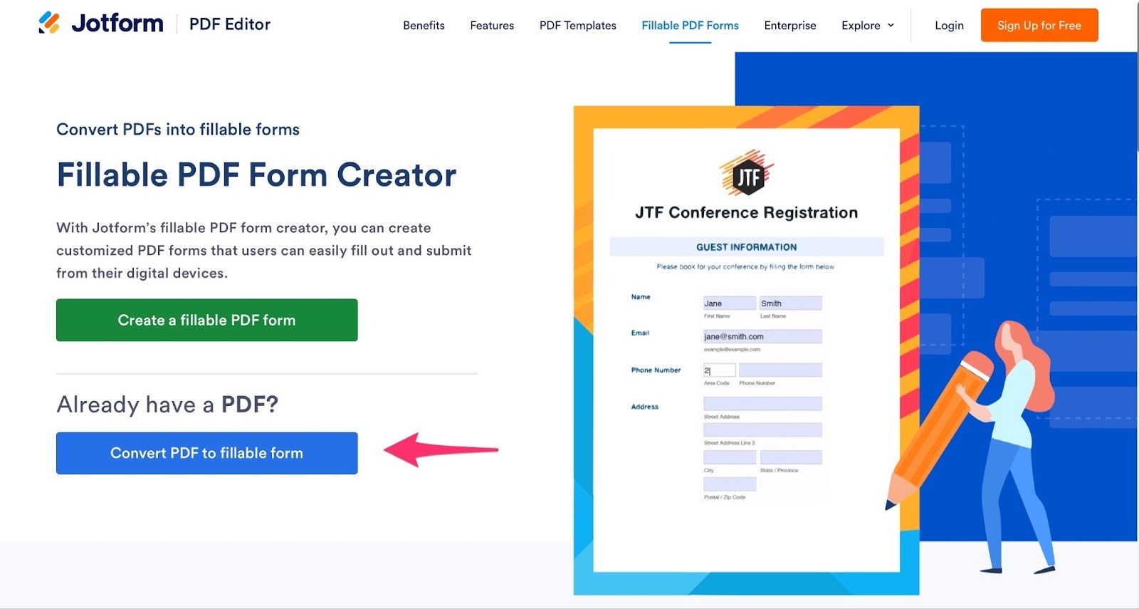 Jotform Fillable PDF Form Creator landing page with a button labeled “Convert PDF to fillable form