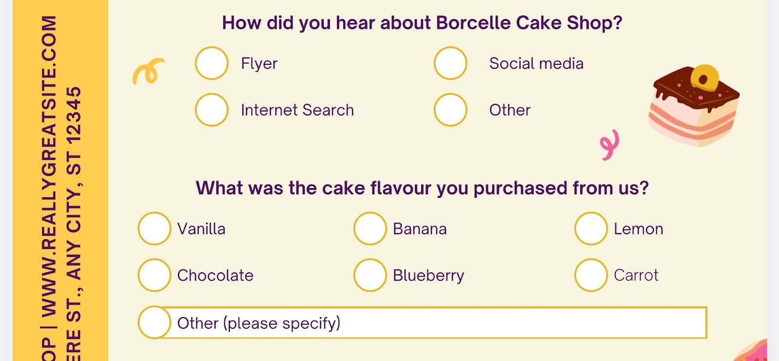 Close-up of a bakery survey form with circular choice buttons for questions about how the customer heard about the shop and which cake flavor they purchased
