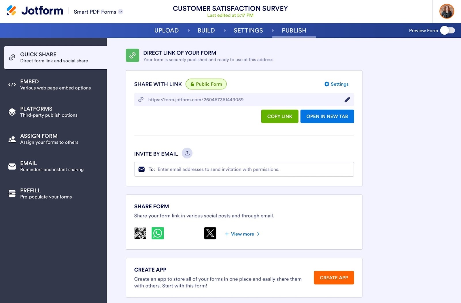 Jotform Publish tab with sharing options including link, embed, and email