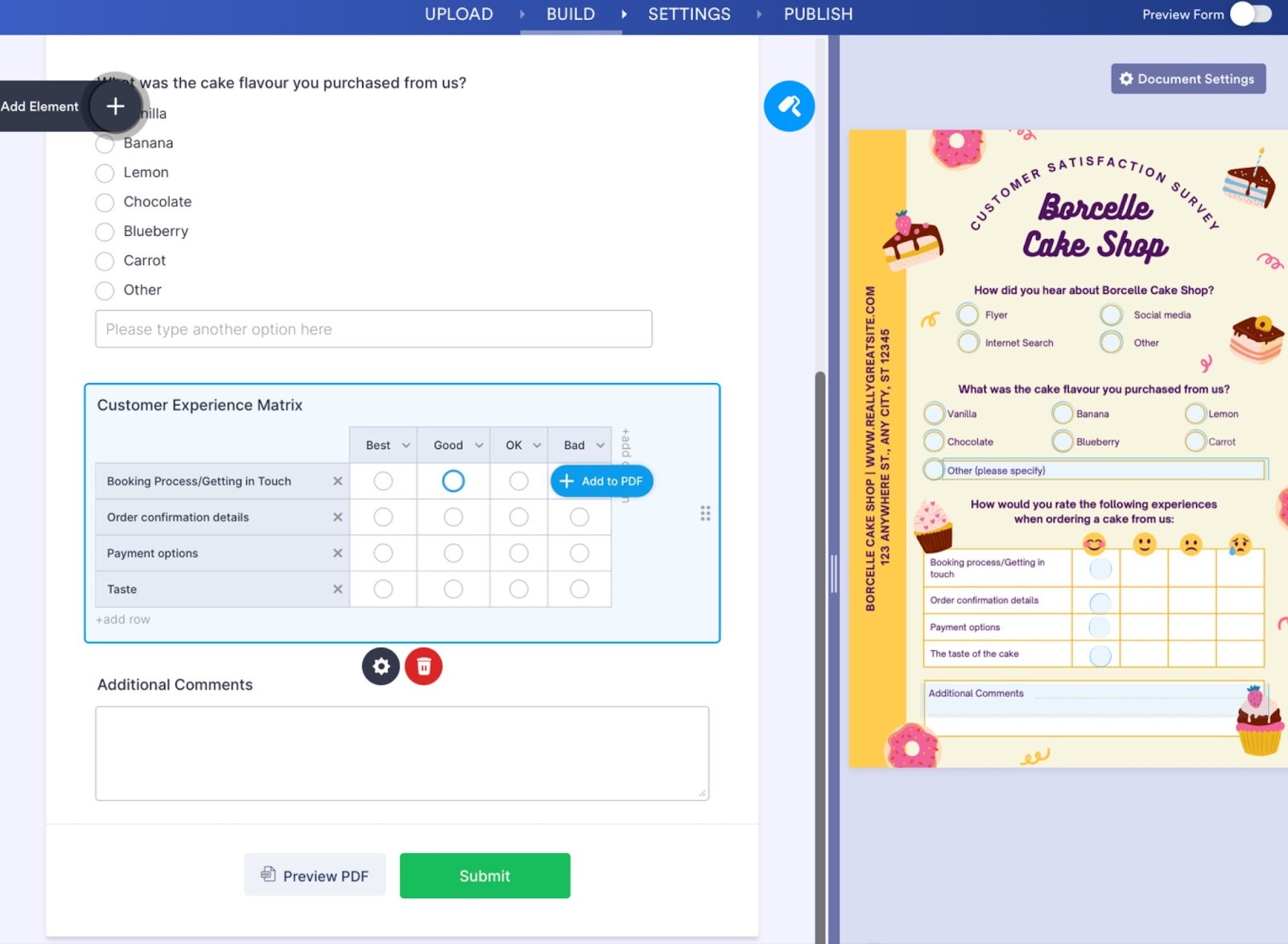 Jotform form builder showing a table field mapped to corresponding areas in the PDF preview