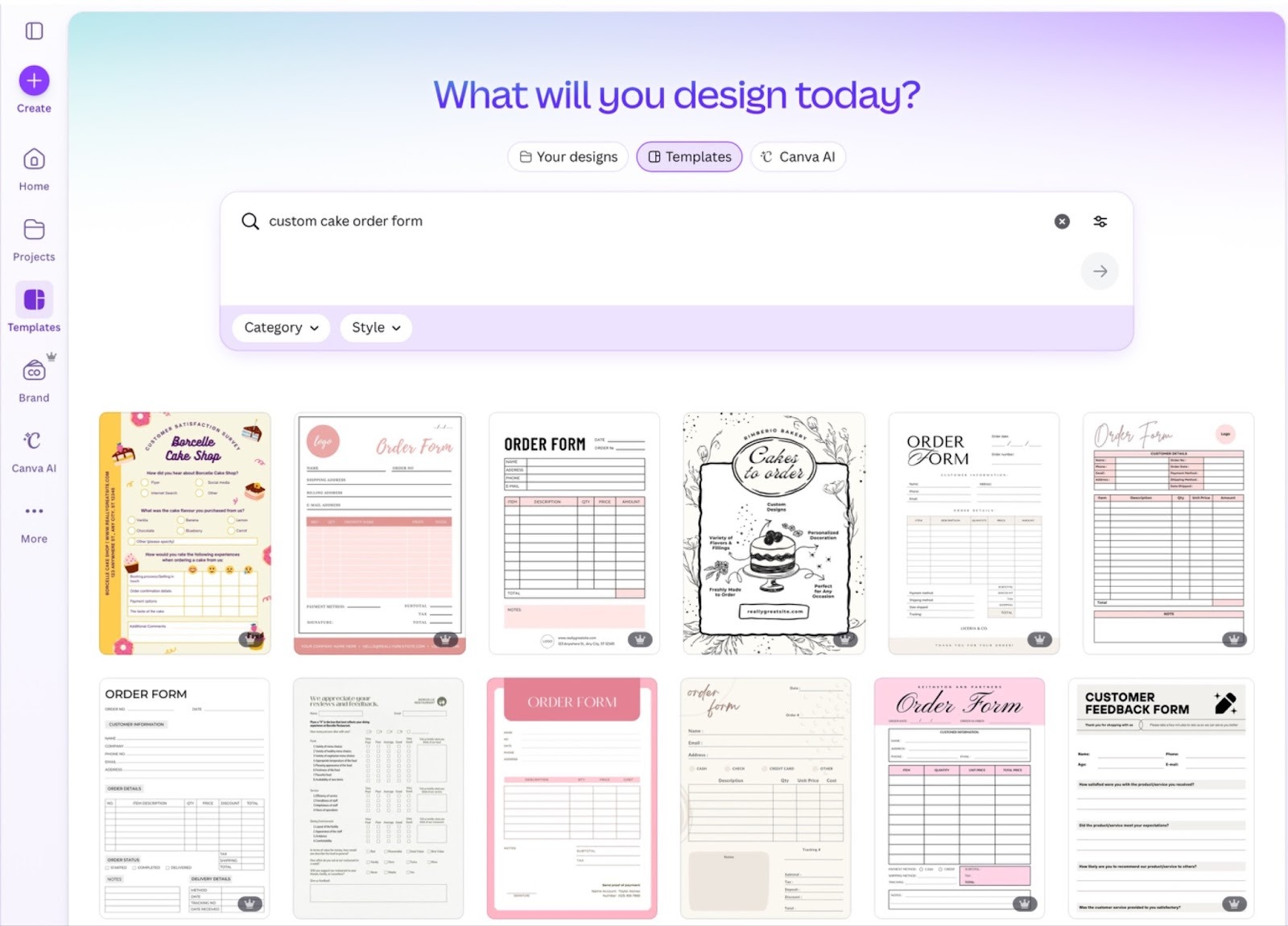 Screenshot of Canva’s template gallery with “custom cake order form” typed in the search bar and multiple pastel order form templates displayed in a grid