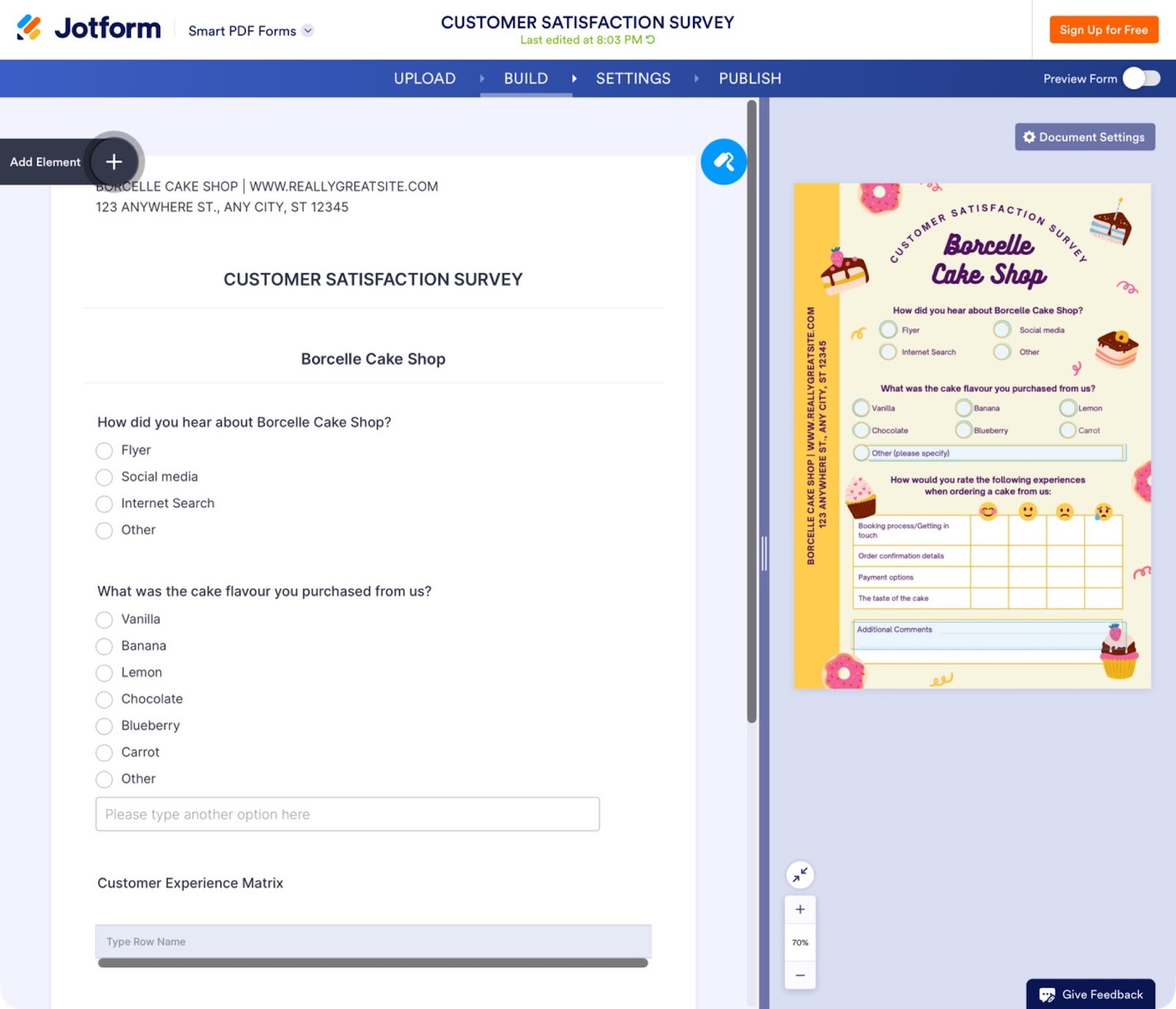 Jotform PDF editor showing a converted customer satisfaction survey alongside a preview of the original design