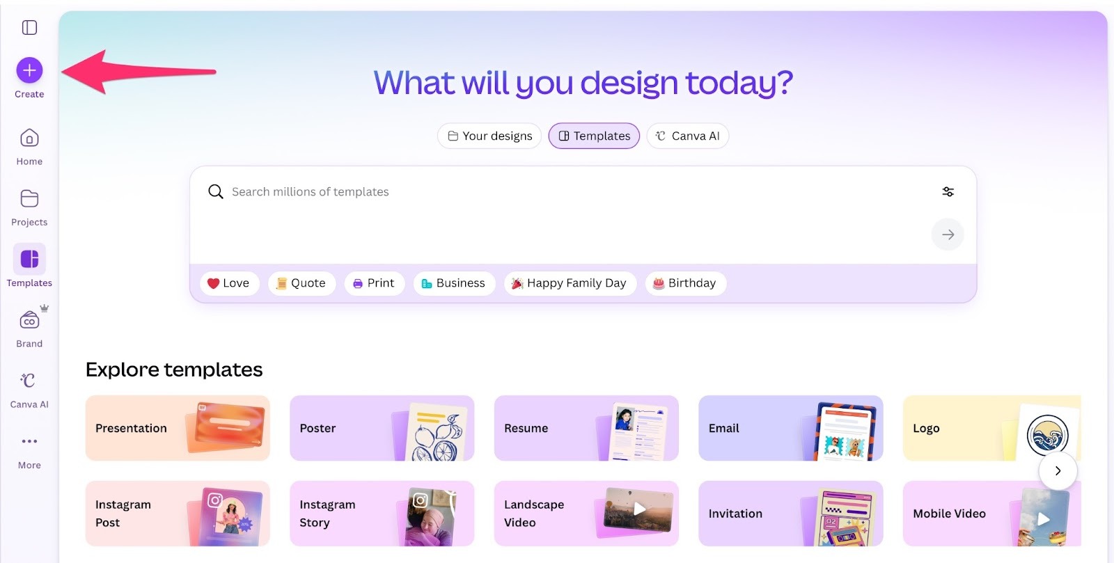 Screenshot of Canva’s home screen with a pink arrow pointing to the “Create” button in the left sidebar