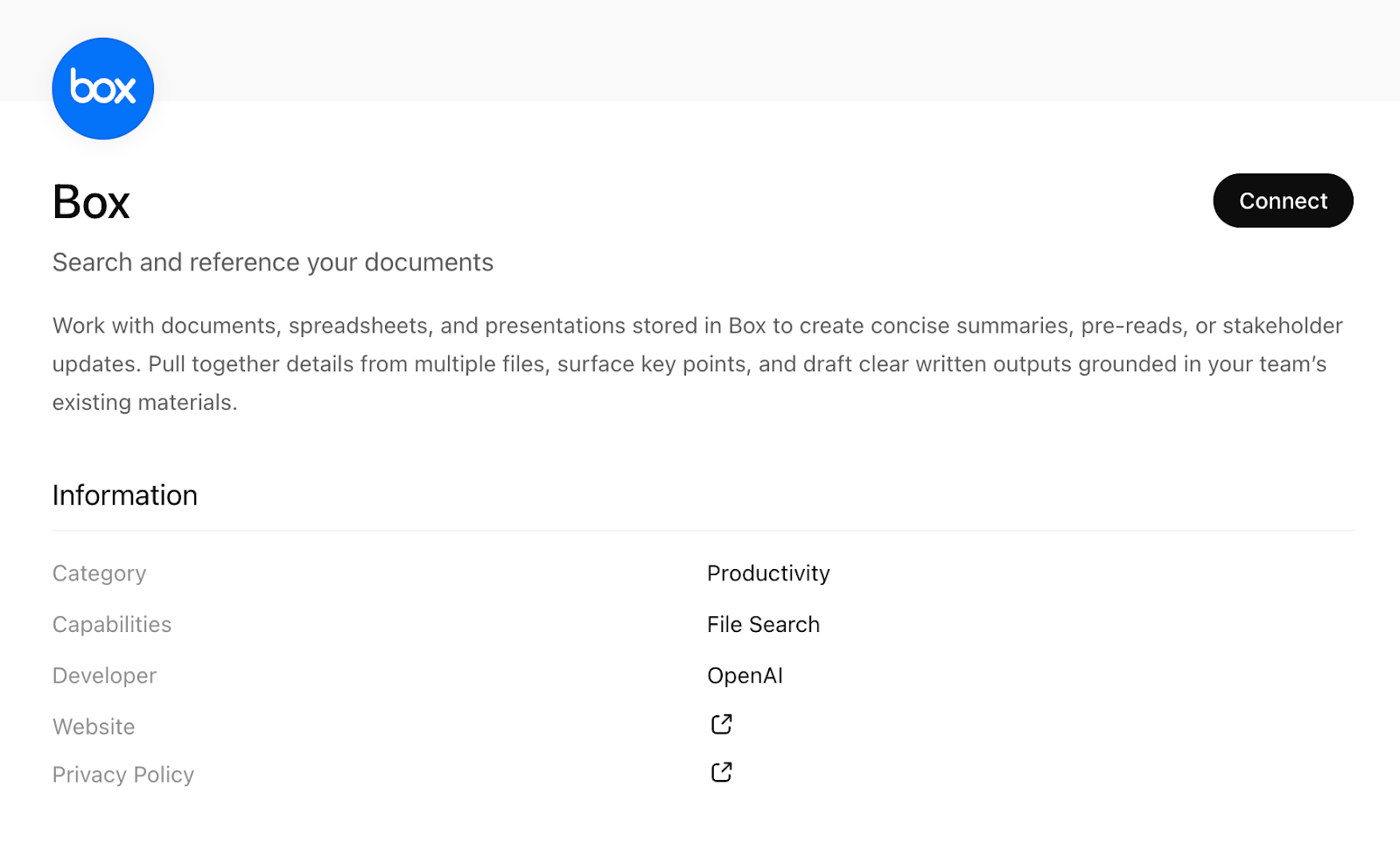 Box's listing in the ChatGPT Apps tab