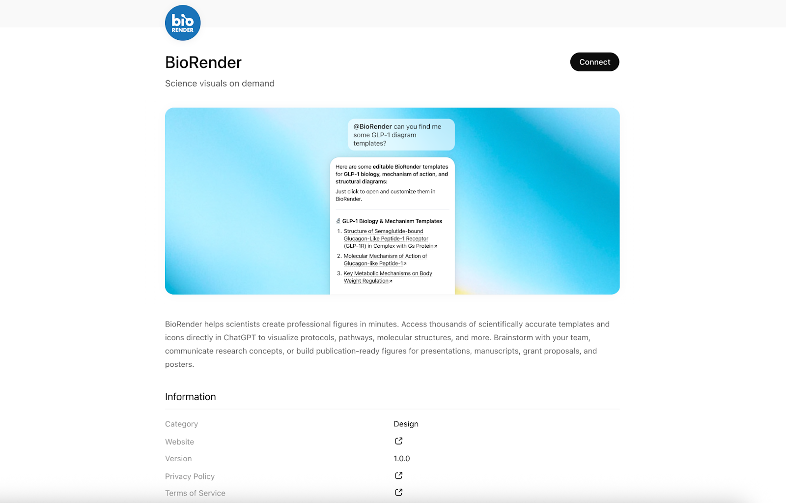 Screenshot of the BioRender for ChatGPT section, showing the app preview, “Connect” button, and a detailed explanation with bullet points outlining its use for scientific visuals, features, pros, cons, and limitations