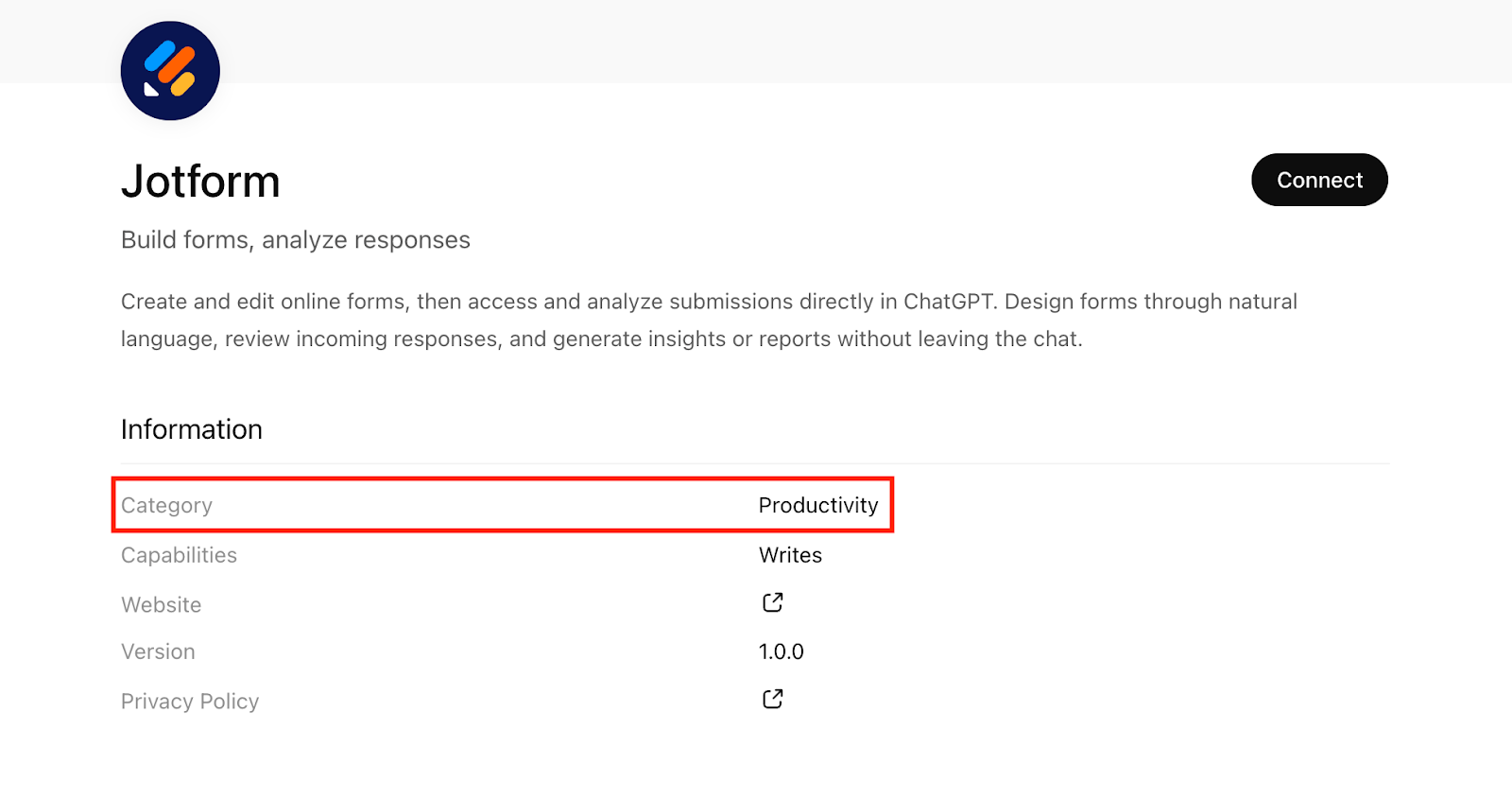 Jotform's listing in the ChatGPT Apps tab