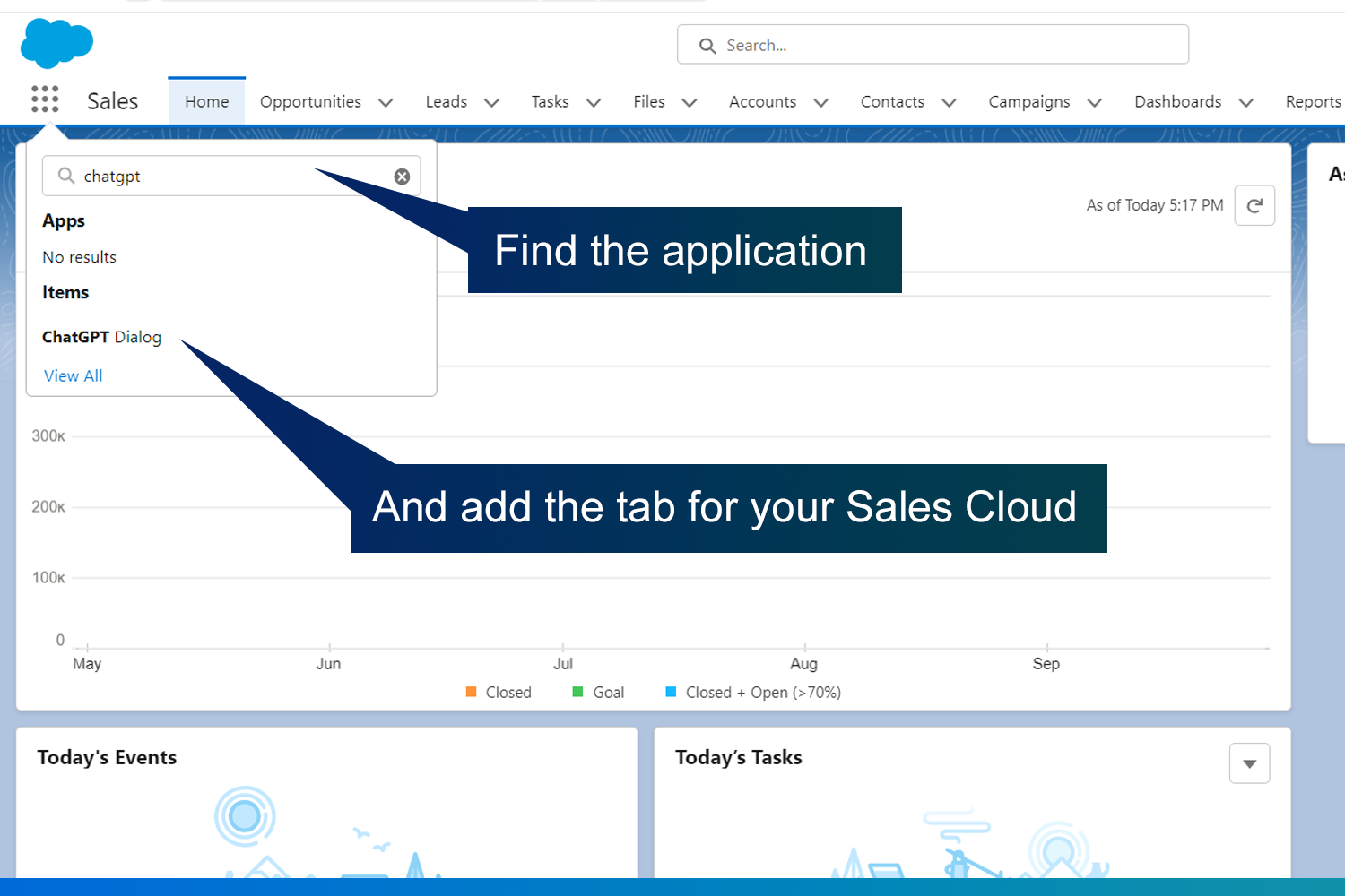 Salesforce interface showing ChatGPT in the App search bar