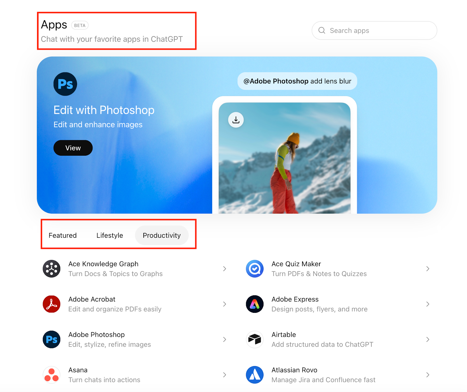 ChatGPT App Store showing the three filter options: Featured, Lifestyle, and Productivity