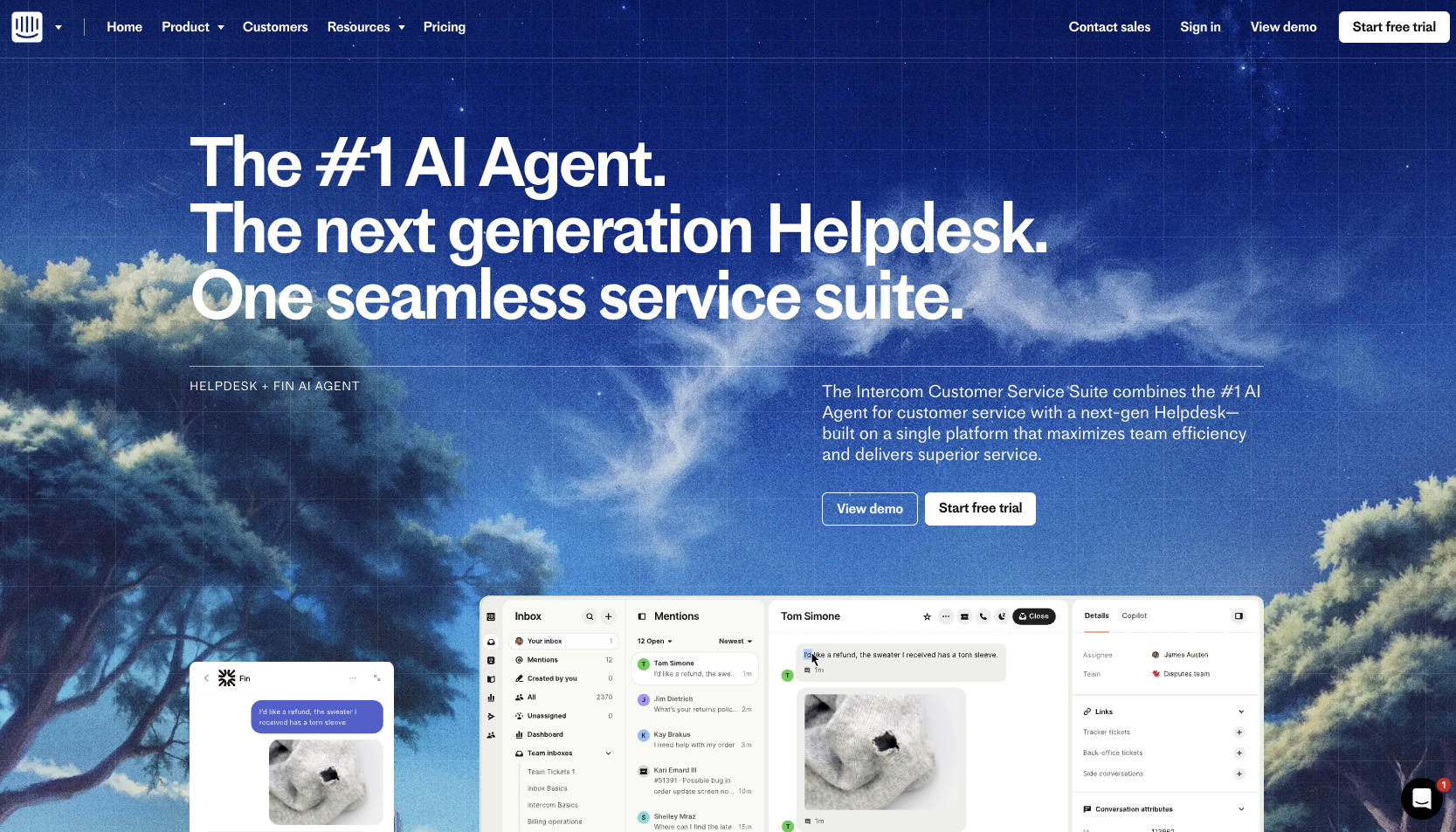 Screenshot of Intercom's landing page, showing a headline "The #1 AI Agent