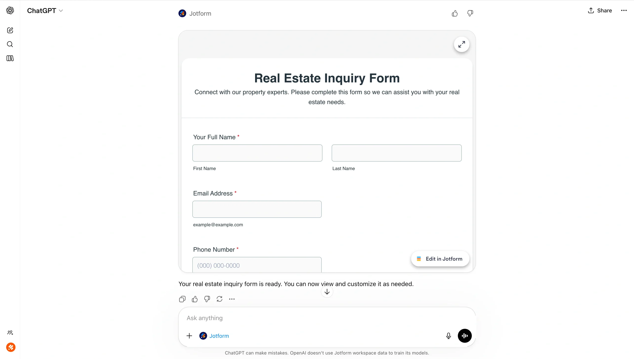 Screenshot of a Jotform “Real Estate Inquiry Form” displayed inside the ChatGPT interface, showing fields for name, email, and phone number within a chat window