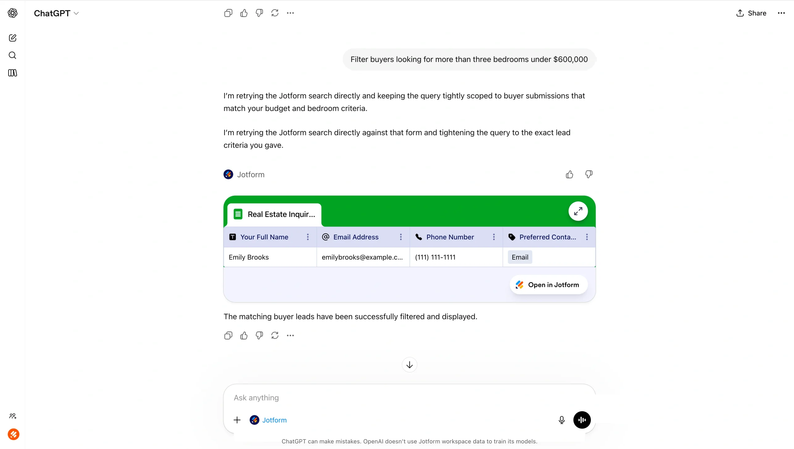 Screenshot of Jotform Tables results inside ChatGPT, showing filtered form submission data in a table format with columns like name, email, and phone number