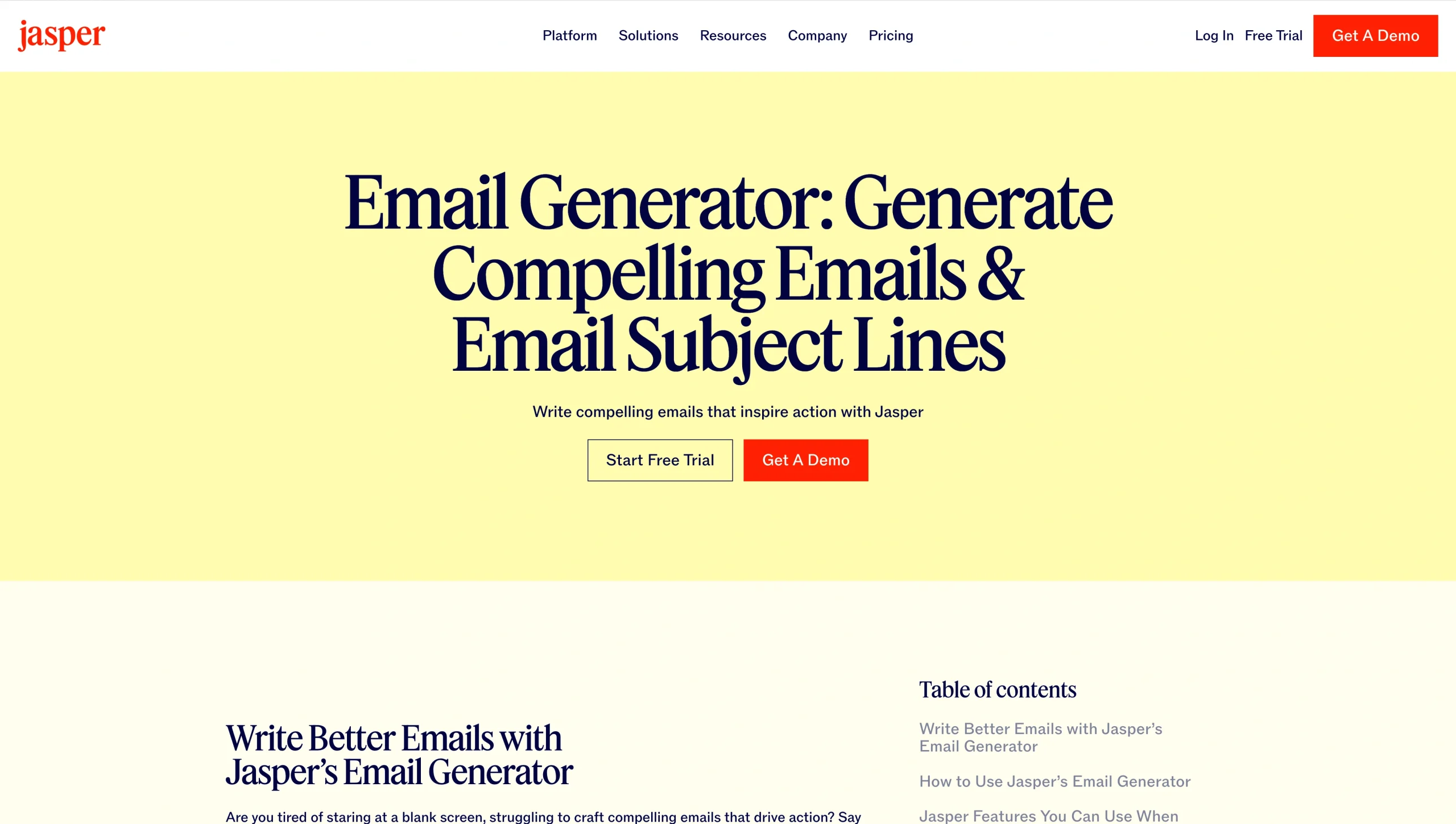 Screenshot of Jasper's Email Generator landing page