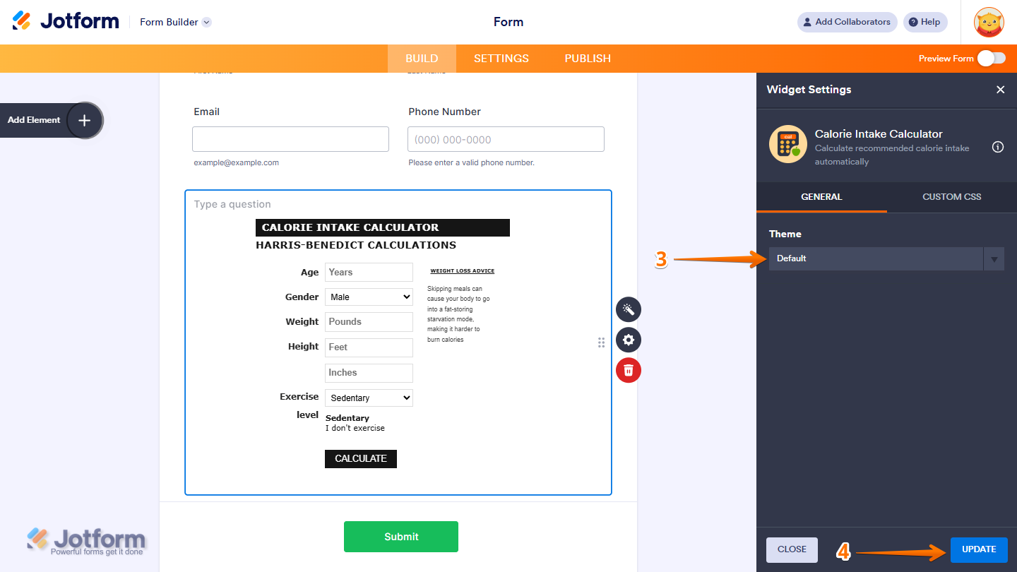 Widget General settings showing Theme and Update button in Jotform