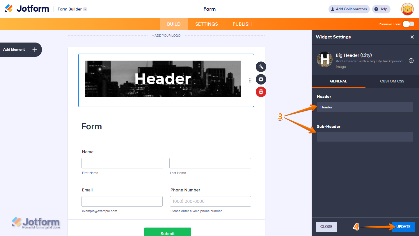 Big Header City widget General settings showing Header Sub-Header fields and Update button in Jotform