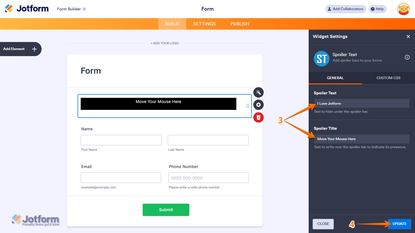 Spoiler widget General settings showing Spoiler Text Spoiler Title fields and Update button in Jotform
