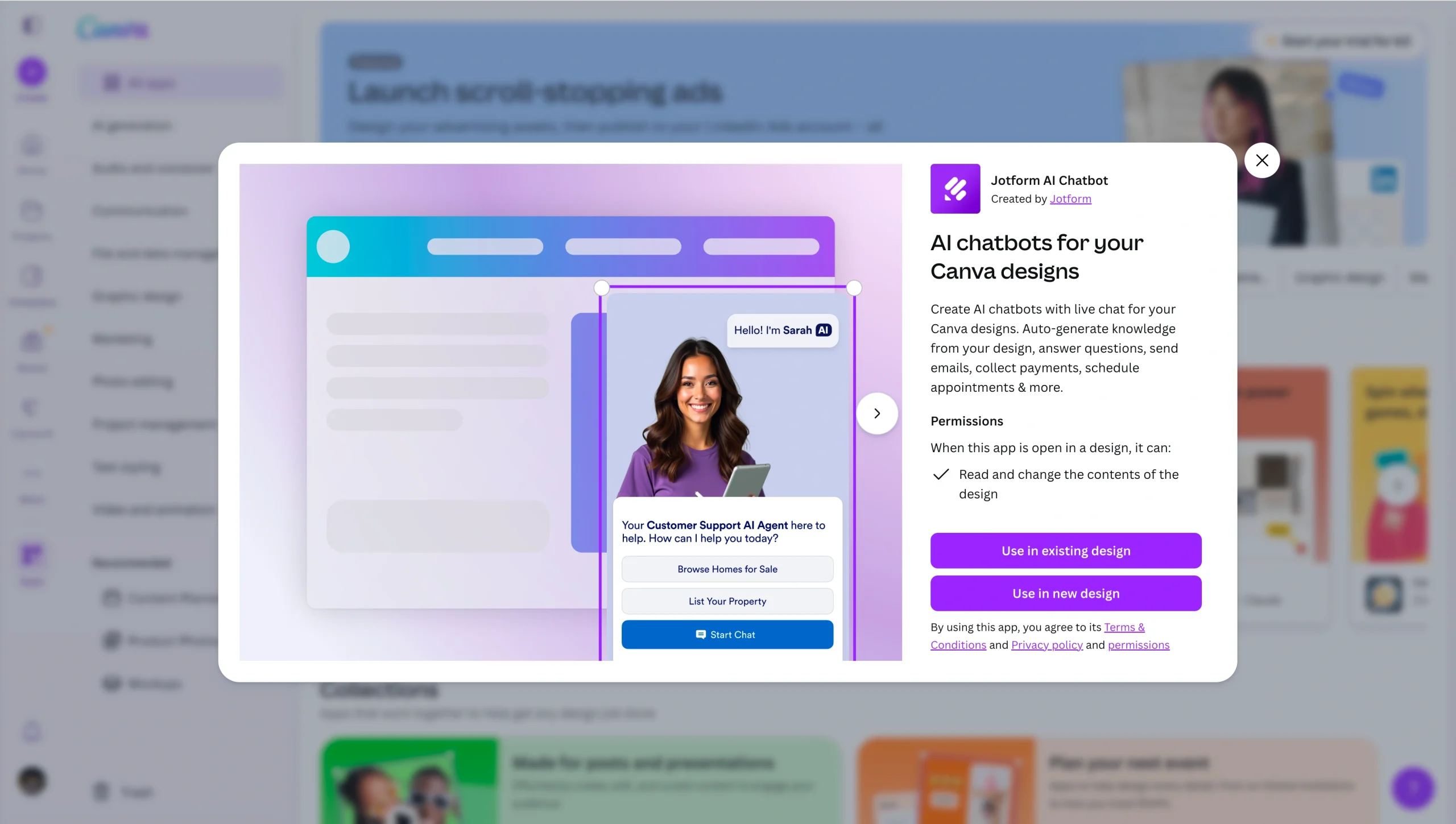 Popup showing Jotform AI Chatbot integration in Canva with preview of chatbot interface and “Use in design” buttons