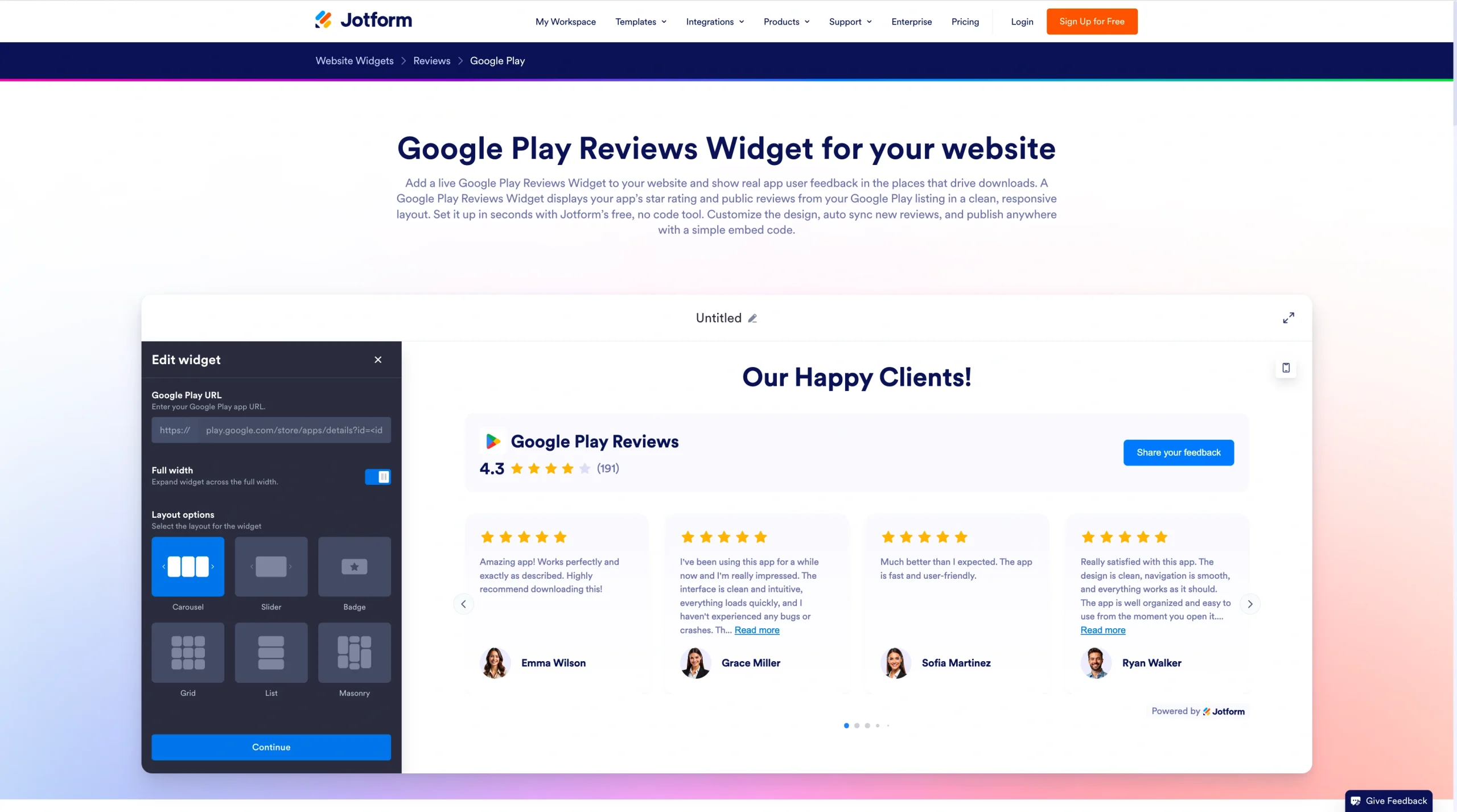 Screenshot of Jotform's Google Play Reviews Widget landing page
