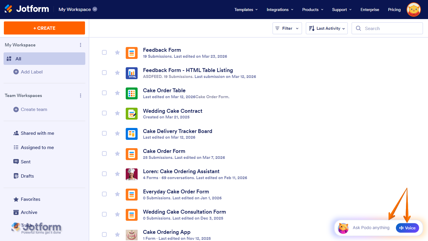 Ask Podo Anything chatbot on the Jotform Workspace page