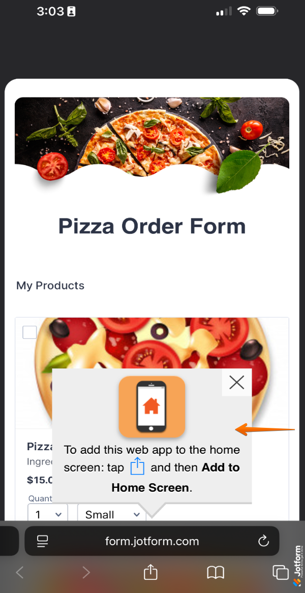 Form with the Add to Home Screen widget added, allowing users to save the form as a shortcut on their mobile home screen