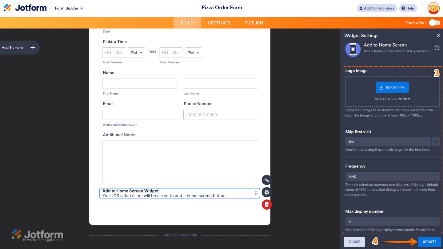 Add to Home Screen widget settings panel showing options for logo image upload, skip first visit, prompt frequency, and maximum display number