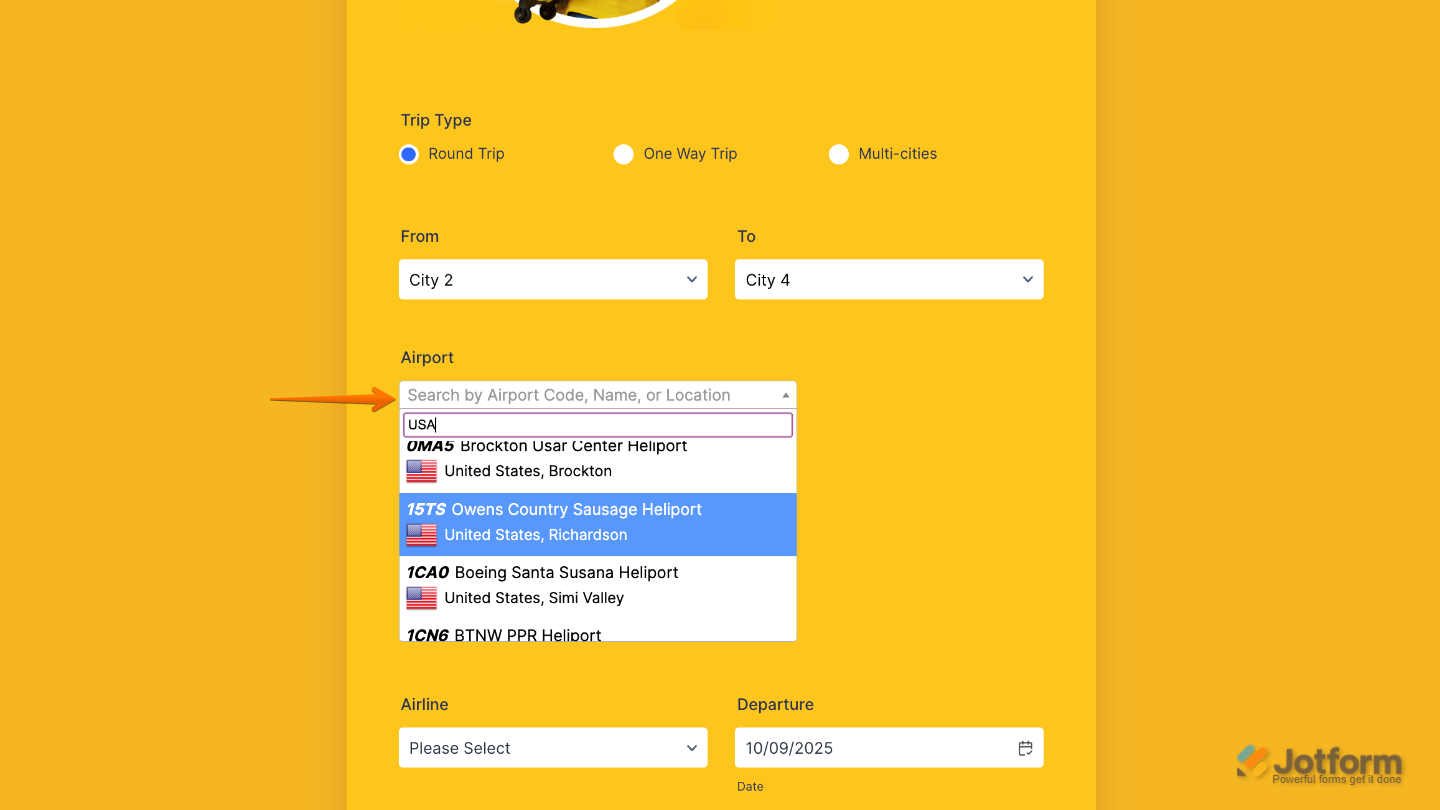 Form with the Airport Picker widget added, allowing users to select major commercial airports from a ready-made list