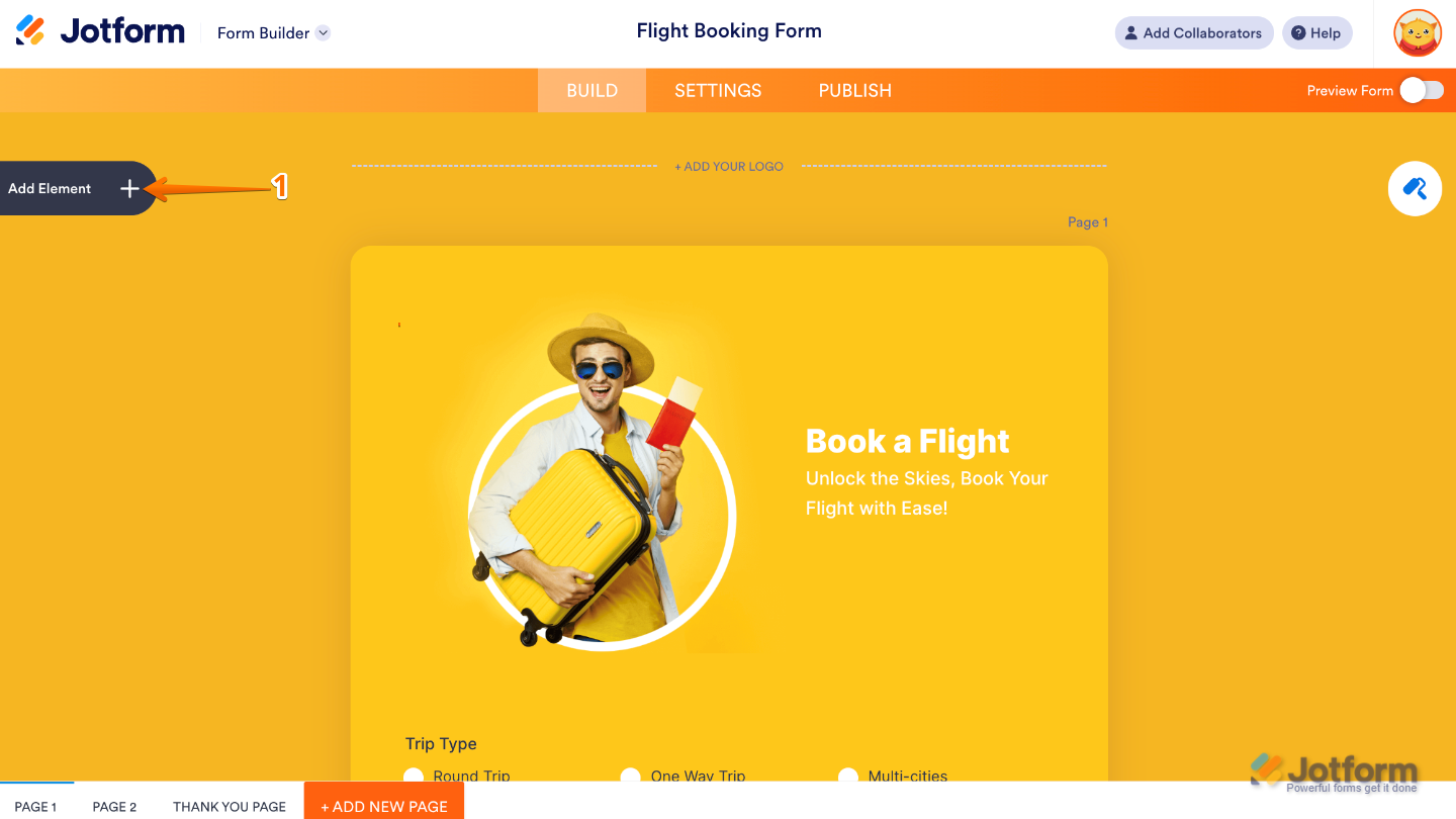Form Builder interface highlighting the Add Element button on the left panel to add new fields and widgets