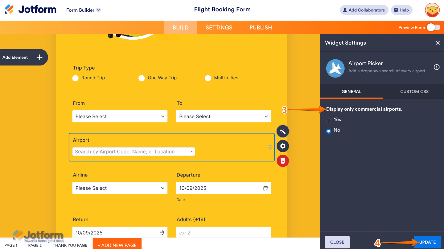 Airport Picker widget settings panel showing the “Display Only Commercial Airports” option enabled to filter major airports