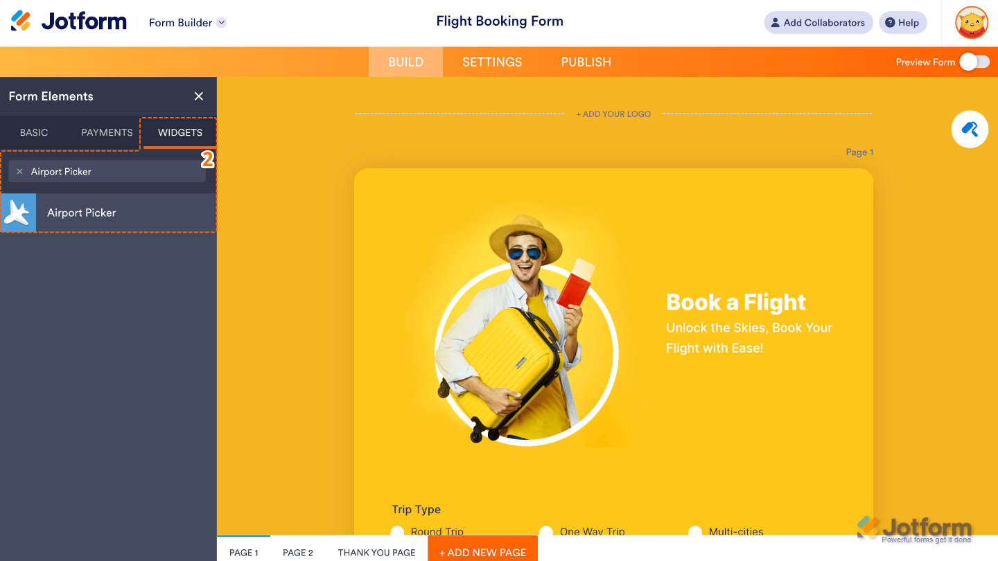 Form Elements panel under the Widgets tab showing the Airport Picker widget being searched and added to a form