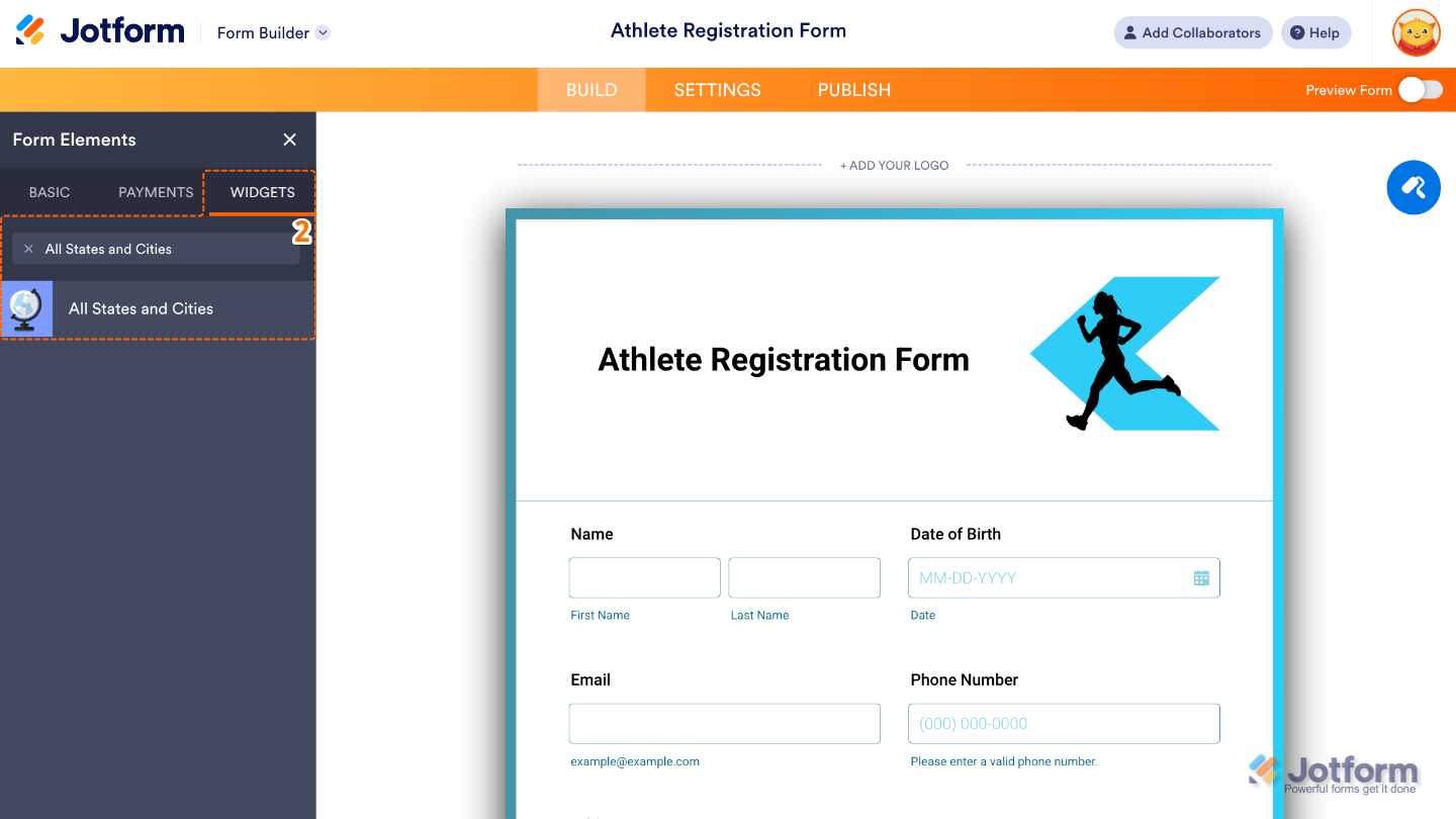 Form Elements panel with the Widgets tab open and the All States and Cities widget highlighted