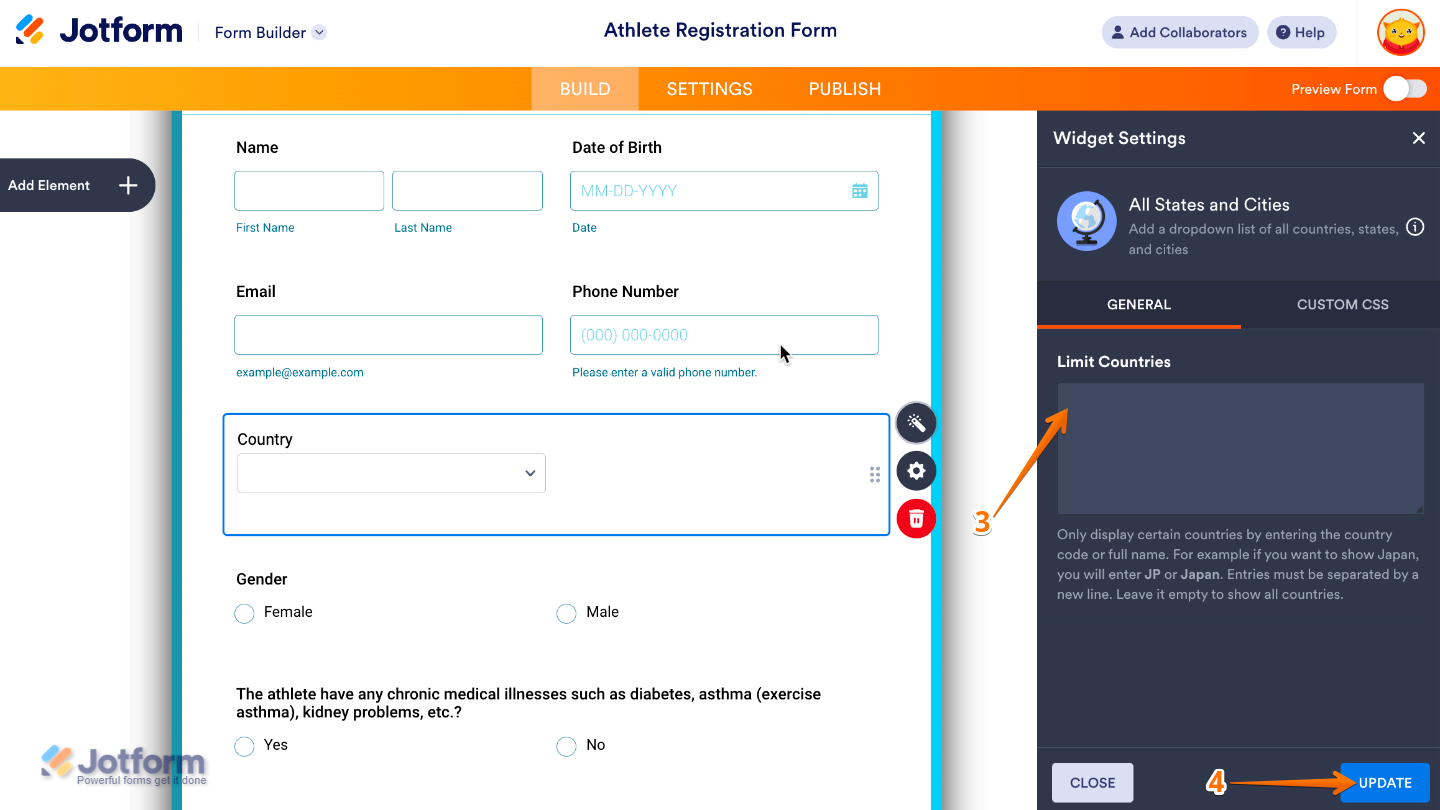 Configuring the Limit Countries option by entering country codes or names to restrict the available country selections