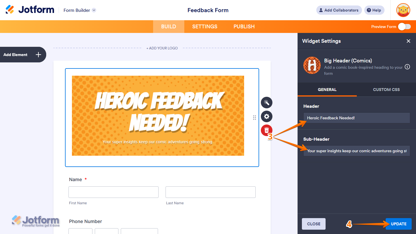 Big Header (Comics) Widget Settings in Jotform Form Builder