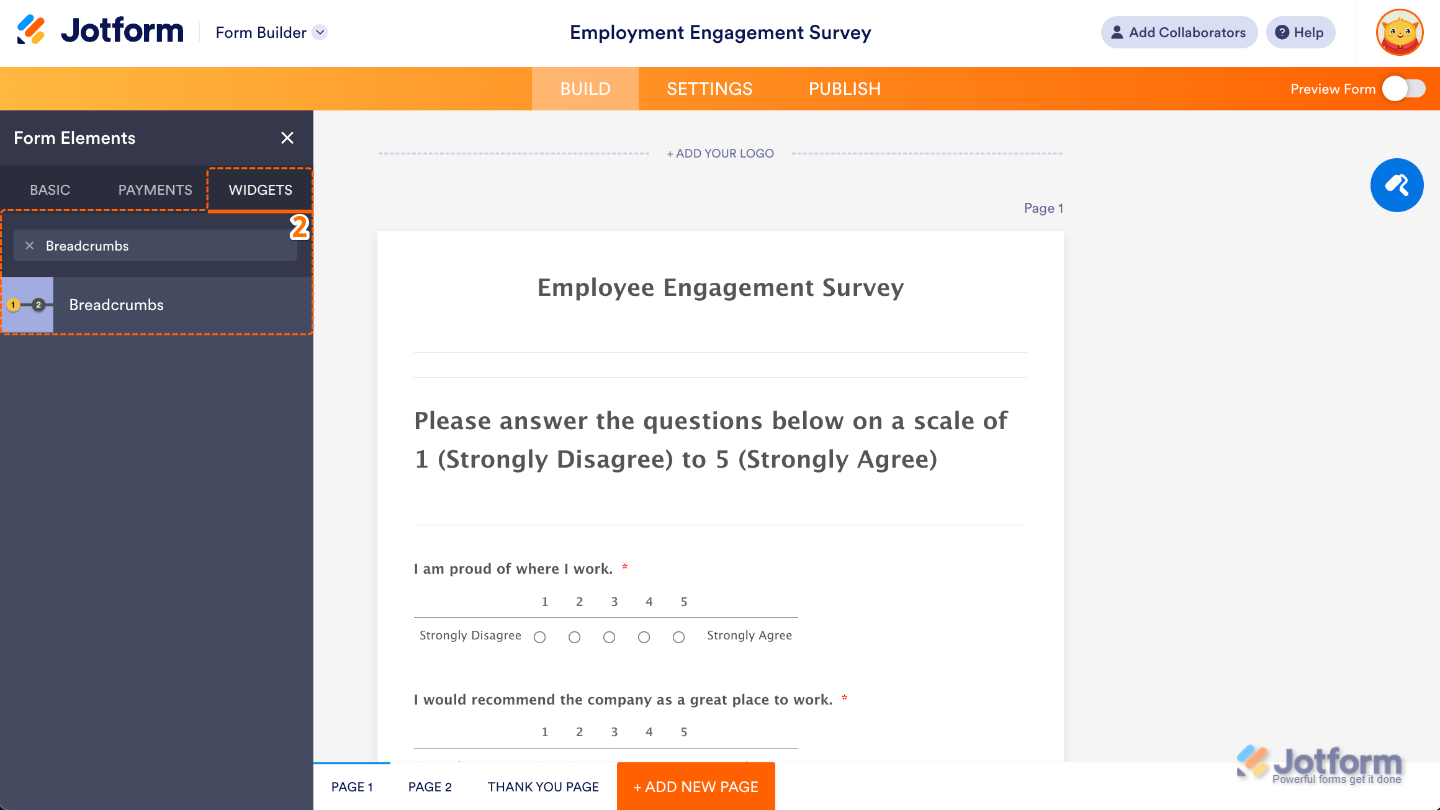 Form Elements panel under the Widgets tab showing the Breadcrumbs Editor widget being searched and added to a form