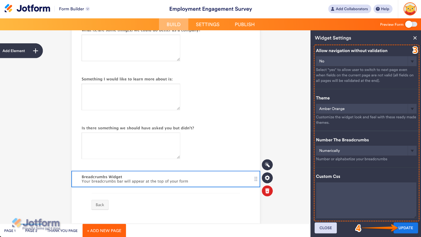 Breadcrumbs Editor widget settings panel showing options for navigation without validation, theme selection, numbering style, and custom CSS