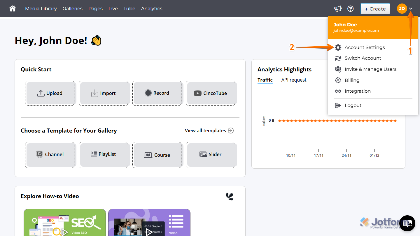 Downward Arrow icon in Cincopa Account Dashboard