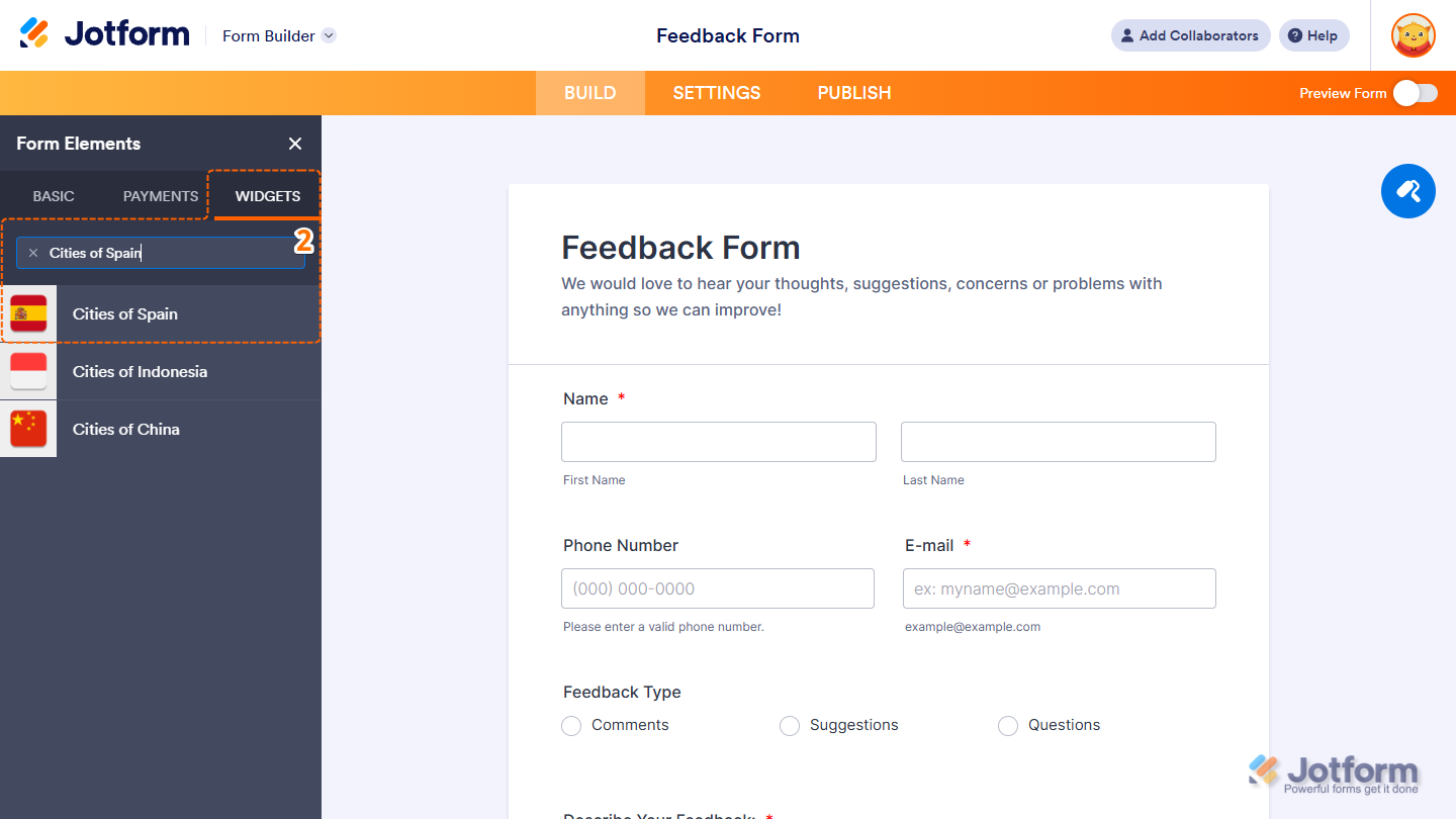 Cities of Spain Widget element under the Widgets tab of the Form Elements menu in Jotform Form Builder