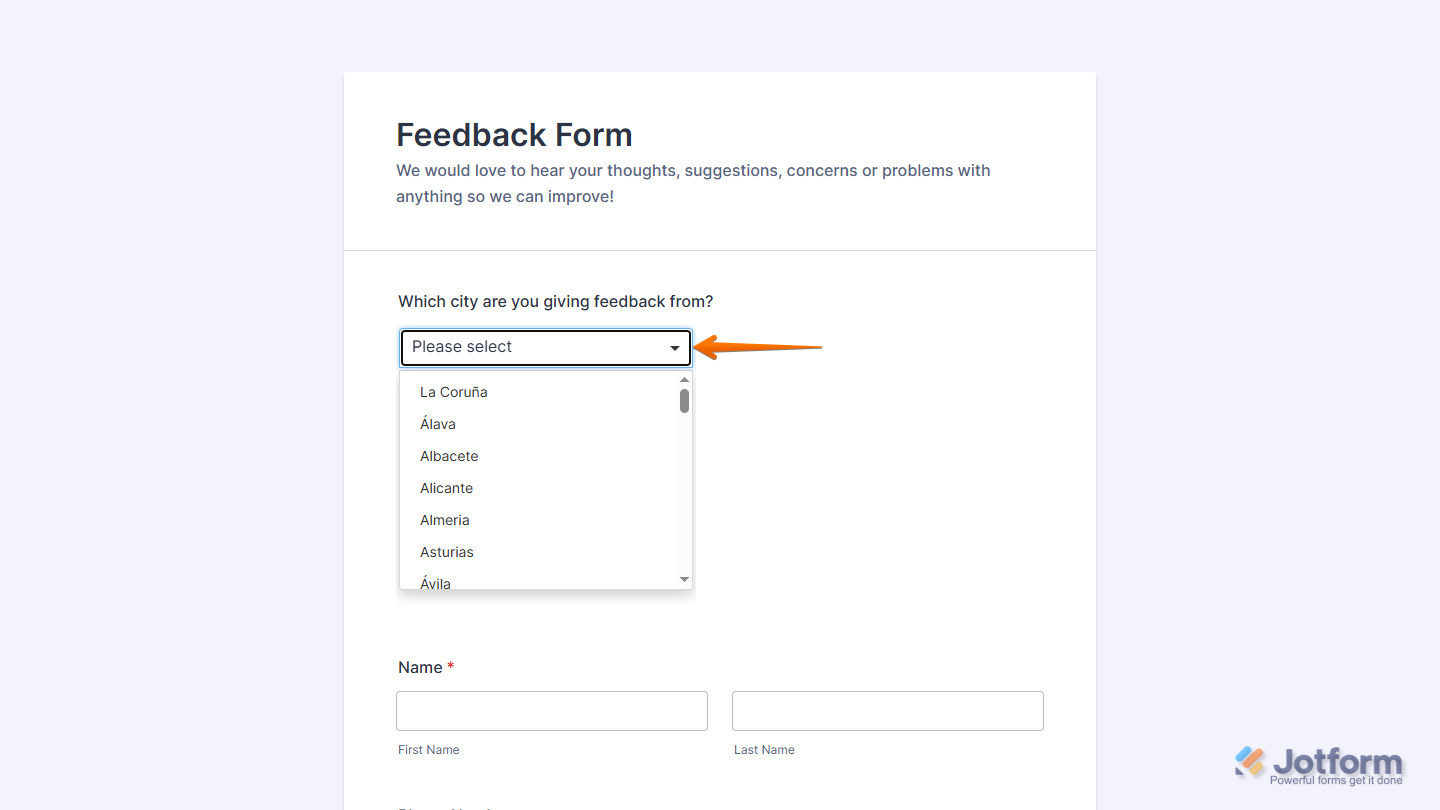 Cities of Spain Widget widget on a Jotform form