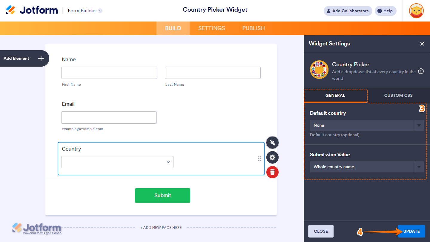 Default Country and Submission Value options in the Country Picker widget settings