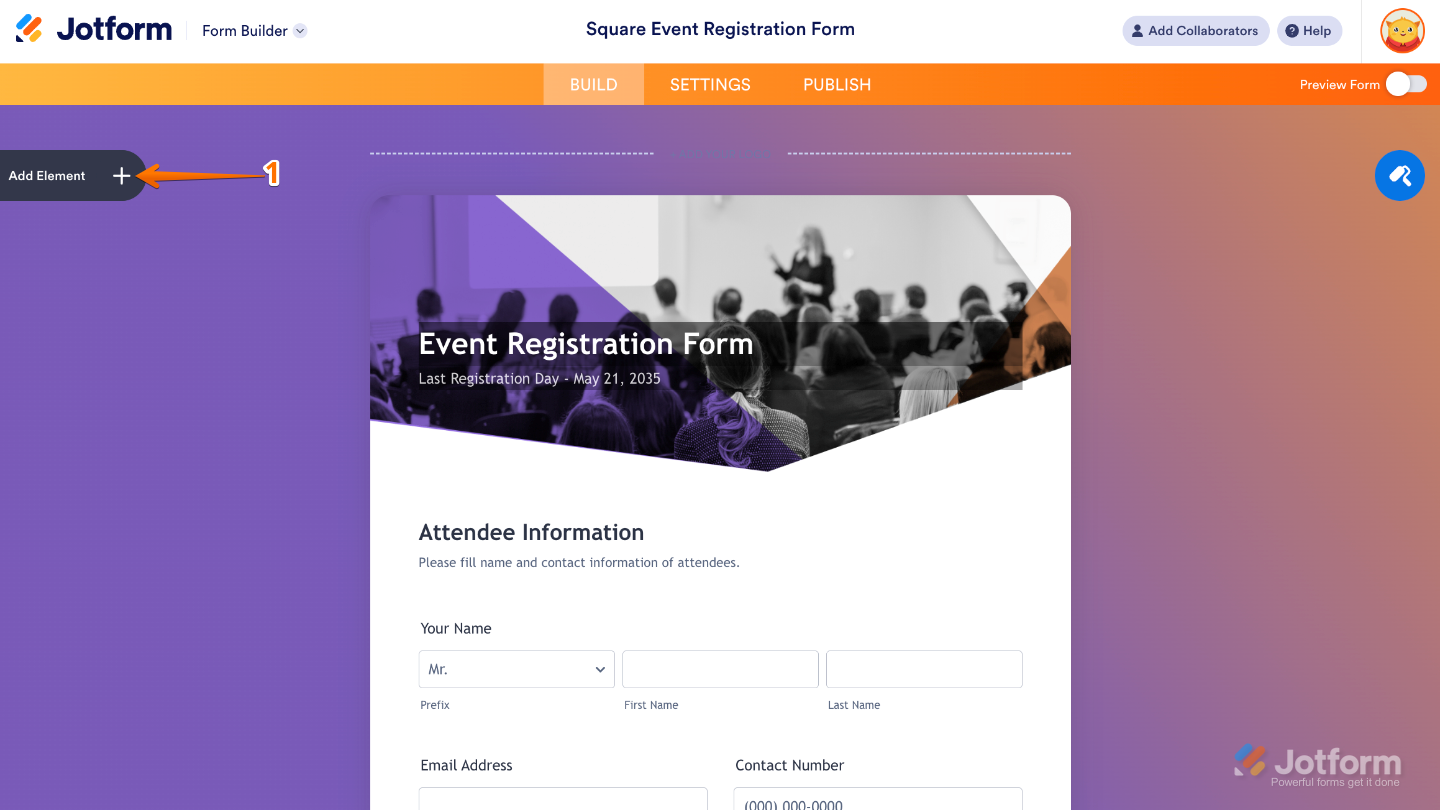 Form Builder interface highlighting the Add Element button on the left sidebar